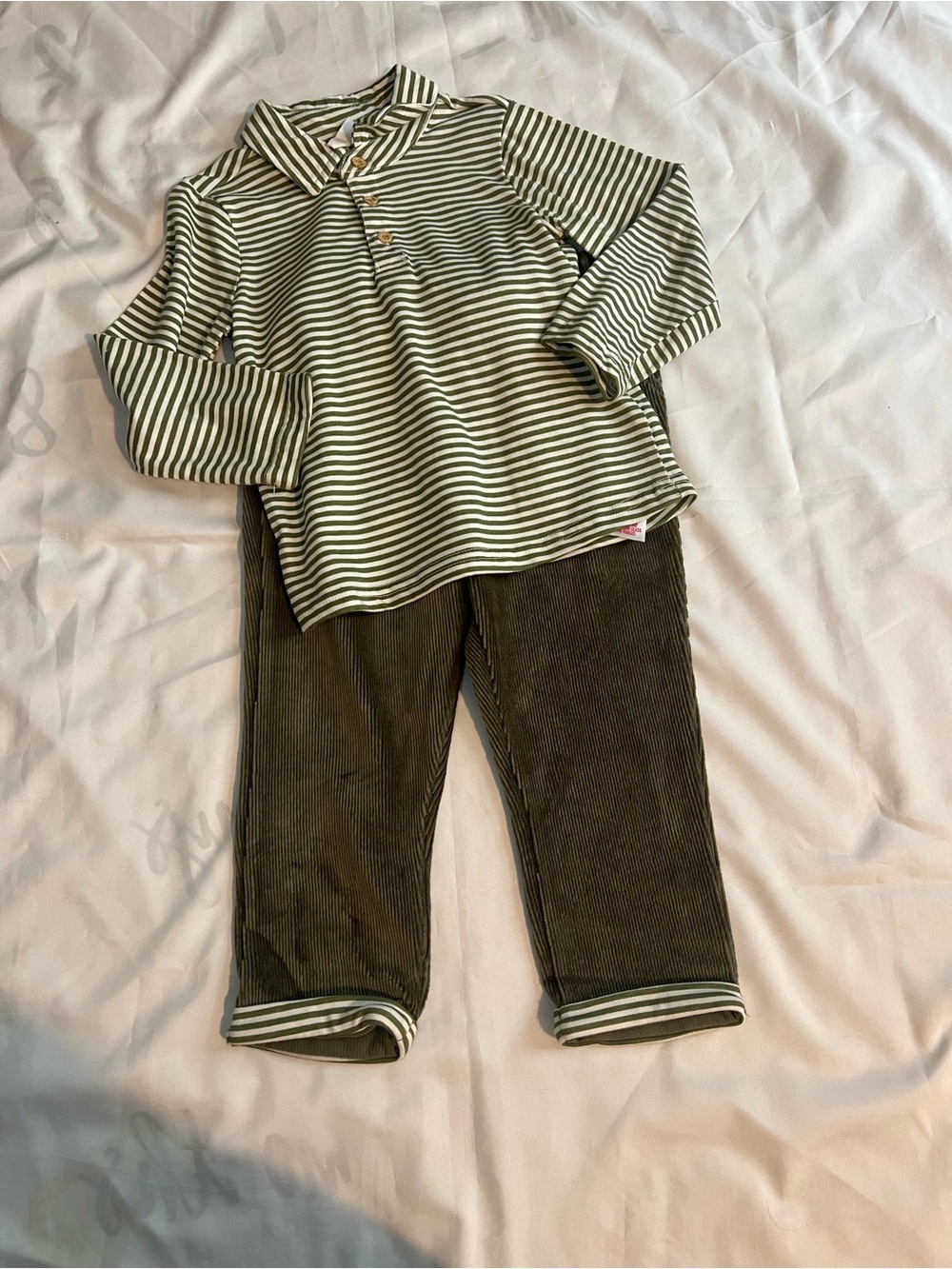 Petit Lem Green Striped Matching Set Polo Top & Cord Pants Size 24 Months